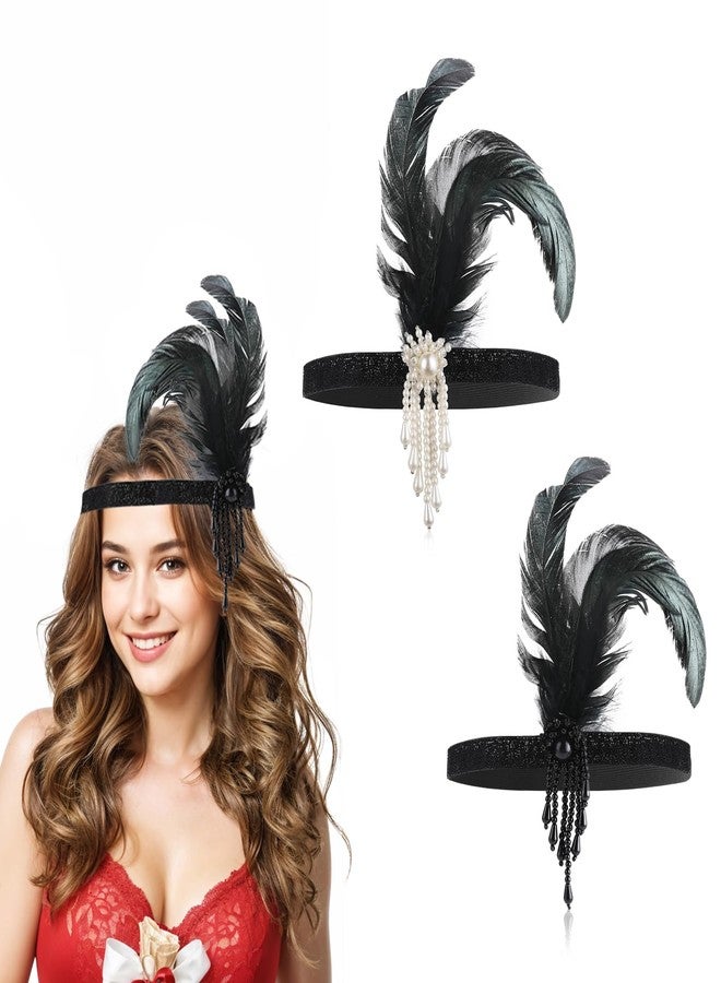 ElevateTech 1920s Flapper Headband, 2Pcs Flapper Feather Headpiece 1920s Headwear Bling Rhinestone Hair Accessories for Women 20s Gatsby Themes Hair Costume Prom Halloween Party Accessory, Black&White - Image 1